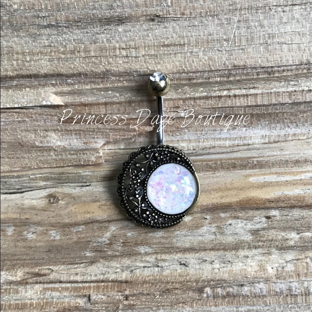 White Opal Moon‎ Belly Button Ring